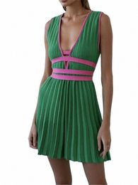 Realleft Summer Deep V-cuello de punto Dres de las mujeres de cintura alta con cordones Casual Sleevel Sólido Sexy Mini Dres Mujer Damas 44ZL #