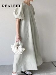 REALEFT ZOMER WIT Koreaanse puff mouw Dames lange jurken hoge taille casual losse o-neck mode a-line jurk vrouwelijk 240418