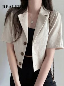 REALEFT VINTAGE STIJL Katoen en linnen pak Dames blazer Spring zomer Solid Color Korte Mouw Casual Outsed Wear Coat 240417