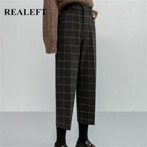 Realeft hiver vintage plaid pantalon de laine mode taille haute poches épaissir chaud cheville longueur pantalon décontracté femme 211115