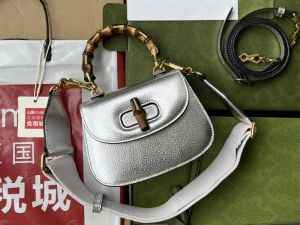 Realfine Sacs 686864 17cm Bambou 1947 Mini Top Poignée Fourre-Tout Argent Lamé Cuir Luxe Sac À Main Épaule Sacs À Main Pour Femmes avec Sac À Poussière original