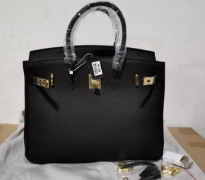 realfine888 Sacs 3A Perkin 20-25-30-35-40cm Taurillon Cuir Grainé Noir Couleur Totes Sac à Main Serrure et Clés Double Poignées Supérieures Sac à Main avec Sac à Poussière