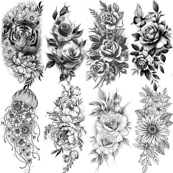 Tatuajes de flores negras realistas Tatuajes temporales falsos TATOO CUERTO ARTE ARTE ARTO PELO FLORAL PEONY PELATAS TATOO DE TATOO MATIR 240408