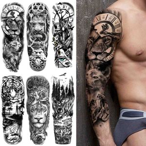 Réaliste faux roi Lion tatouages temporaires pour hommes femmes forêt noire tigre tatouage autocollant fleur géométrique Tattos pleine manche