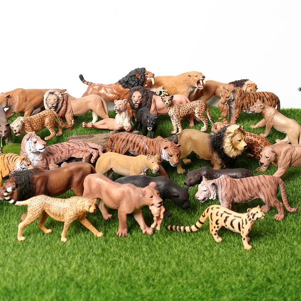 Animaux de la jungle réalistes Lions, guépard, panthère, modèle de tigre à dents Figure Playset Collections éducatives Jouet Figurine pour enfants C0220