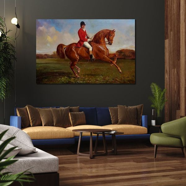 Paysage réaliste toile Art Portrait d’un cavalier en manteau rouge fait à la main Heywood Hardy peinture œuvre famille Room Decor