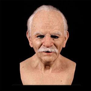 Realistic Latex Elderly Man Women Mask Halloween Costume Full Head Party Horror Elderly Man Adult Wig Grandfather Old Man Mask 220707