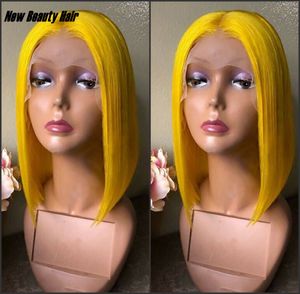 Realistisch uitziende gele kleur Korte Bob Cut Natural Hairline Hittebestendige Fiber Synthetische Kant Pruiken voor Amerikaanse Zwarte Vrouwen