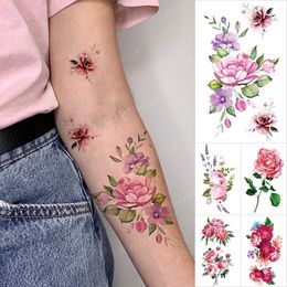 Realistische Peony Rose Flower Transfer Tattoo Aquarel Lavendel Tijdelijke Tatto Sticker Body Art Flash Tatoo Pols Arm Mannen Vrouwen