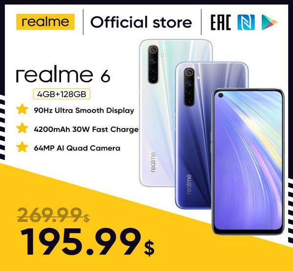 Teléfono móvil realme 6, 4GB, 8GB de RAM, 128GB de ROM, pantalla Ultra de 90Hz, Helio G90T, carga de Flash de 30W, batería de 4300mAh, cámara IA de 64MP, huella dactilar ID7577966