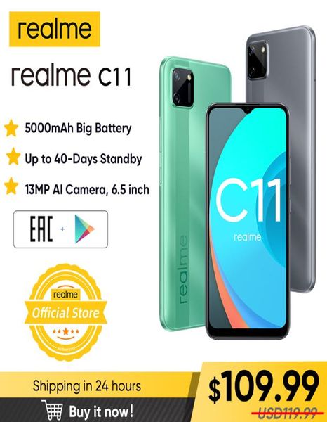 Realme C11 téléphones mobiles 65 pouces 5000mAh grande batterie 40 jours de veille 3 emplacements pour carte Android Smartphone 13MP caméra téléphone 6646148