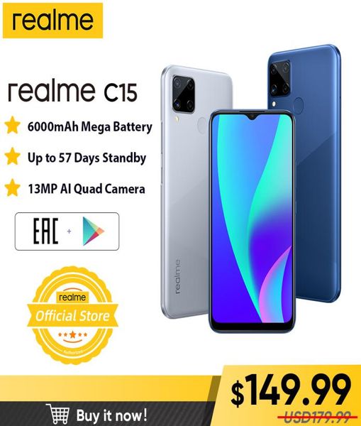 Realme C15 Versión global Smartphone 4GB RAM 64GB ROM 6000MAH Batería grande Teléfono móvil Cargo por teléfono móvil 65 pulgadas Android Telephone7957926