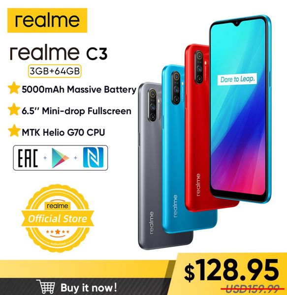 Realme C3 5000mAh batterie téléphone portable 3GB RAM 32GB 64GB ROM processeur Helio G70 12MP AI double caméra HD Minidrop plein écran NFC6115175