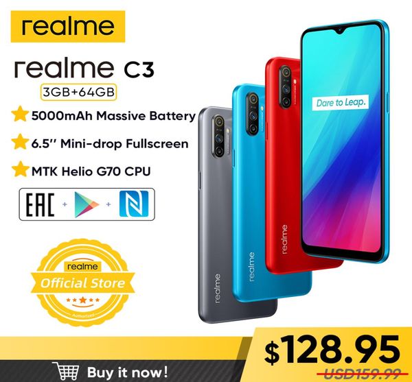 Realme C3 5000mAh batterie téléphone portable 3GB RAM 32GB 64GB ROM processeur Helio G70 12MP AI double caméra HD Minidrop plein écran NFC4329882