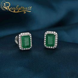 Realytrust Solid 925 Sterling Silver Colombia Emerald Lab Création de boucles d'oreilles en diamant pour femmes Gift d'anniversaire de fête de mariage 2103281H