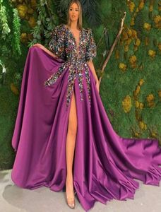Ream afbeelding Arabische jurken feestjurken Hoge gesplitste kralen Sash prom jurk sweep trein Dubai Abaya Vestidos Mermaid avondjurken6952631