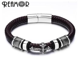 Reamor 12 mm de ancho Pulseras de cuero trenzado para hombres Dijes de acero inoxidable 316l Brazaletes Brazaletes Joyería masculina de moda SH1903874219