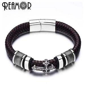 Ramor 12 mm breedte gevlochten lederen heren armbanden 316L roestvrij staal charmes manchet armbanden armbanden trendy mannelijke sieraden SH1908302878