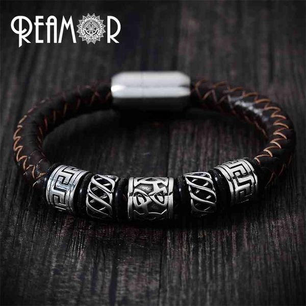 REAMOR Bracelet en cuir noir pour hommes à la mode Bracelets de perles viking en acier inoxydable 316l avec fermoir à aimant puissant 17-21cm 210918