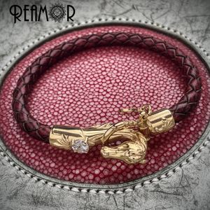 REAMOR Wild Paard Manchet Armbanden Handwerk Inleg Zirkoon Vintage Roestvrij Staaldraad Lederen Hoofdstel Armband Heren Sieraden 240130