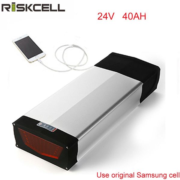 Batterie Lithium-ion 24V, 40ah, avec support arrière et chargeur + USB 2.0, pour cellule samsung 18650