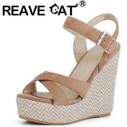 Reved Cat Summer Slingbacks Open Toe Stretch Tissu Backle Cross Sandle 12,5 cm Sandale de coin avec plate-forme 30-48 chanvre 240428