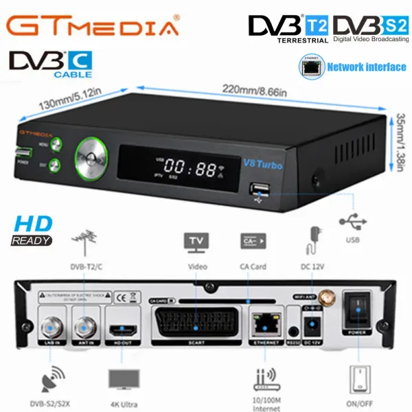 Receptores GTMEDIA H.265 HD Digital Terrestrial Satellite Receptor DVBT2 DVBS2+C V8 Super Decoder Scart TV Tuner Builtin RJ45 Red