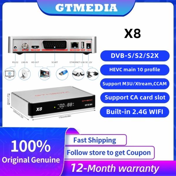 Récepteurs GTMedia x8 Satellite Receiver DVBS / S2 / S2X T2MI H.265 Construit en mise à niveau WiFi 2,4 g de la boîte de colonie V8 Nova expédiée d'Espagne