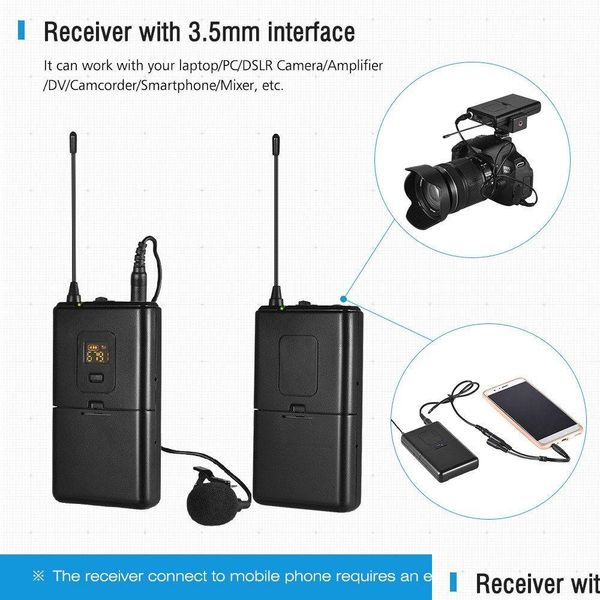 Receptores UHF Mic Wireless Lavalier Lapel Micrófono Sistema Transmisor para cámaras DSLR Smartphones Videocámaras Drop Delivery Electr DHPVN