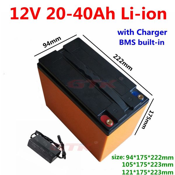 Batterie rechargeable 12V 40Ah 30Ah 35Ah 25Ah 20Ah Lithium li ion 12v avec BMS pour batterie externe solaire réverbère ordinateur portable + chargeur