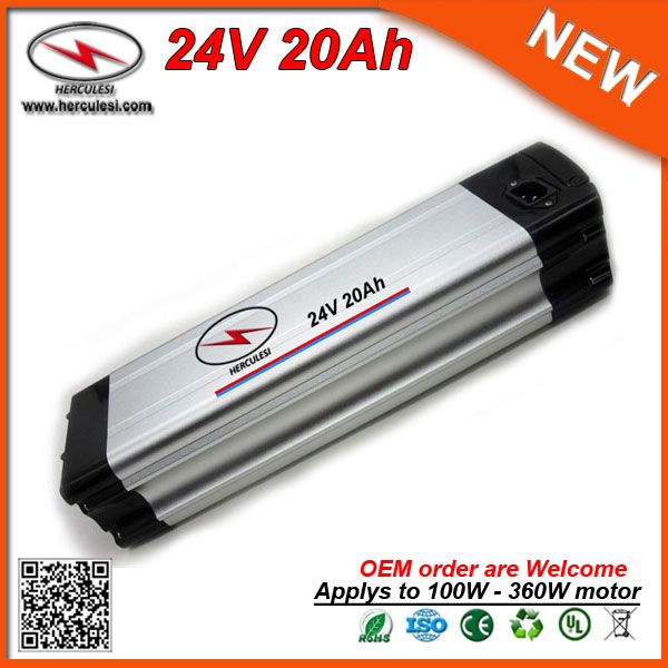 Batterie Li-Ion Rechargeable 24V, 20ah, Type poisson argenté, pour vélo électrique 360W, avec BMS 15a