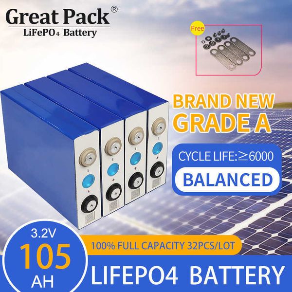 Rechargeable 32PCS 3.2V 105Ah Brand New Grade A Cellule de batterie au lithium-ion LiFePO4 Cycle profond 100% Pleine capacité Banque d'énergie solaire