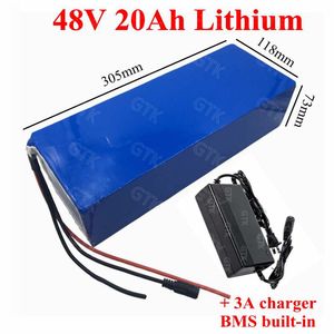 Oplaadbare 48v 20ah lithium li ion 3.7V lipo accu met BMS voor 1500w ebike momorcycle scooter power tools + 3A lader