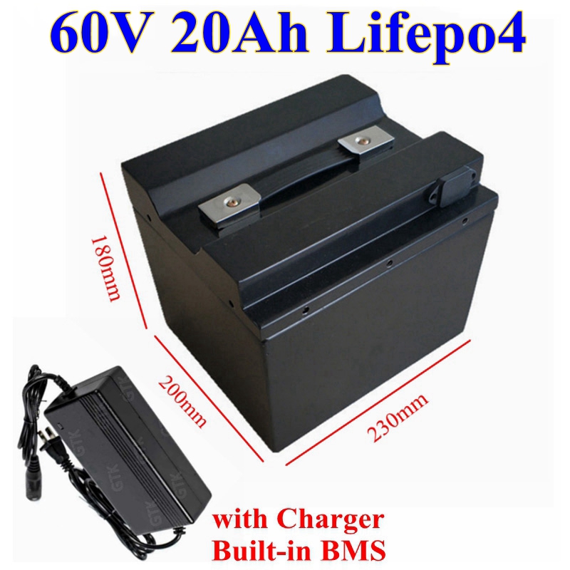 Перезаряжаемый 60 В 20ah LifePO4 Литиевая батарея с BMS 20S для скутера Велосипед Трехколепная велосипеда Солнечный резервный источник питания + 3А зарядное устройство