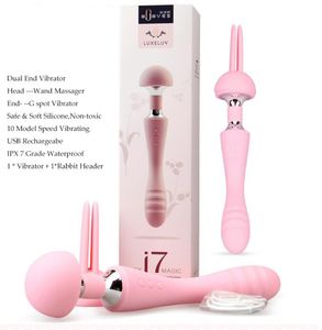 Gode double tête rechargeable AV vibrateur baguette magique masseur stimulateur de clitoris 10 modes vibrateurs point G + jouets sexuels en-tête de lapin pour femmes