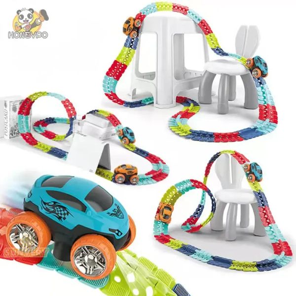 Rechargeable pour enfants sur piste pour garçons piste flexible avec un jeu de voitures de course LED Light-up Set Anti-Gravity Assemblé Cade de voiture pour gamin