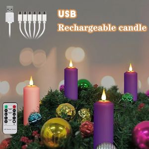 Oplaadbare LED -kaarsen van USB met flikkerende vlam afstandsbediening Waterdichte roze bruiloft kaarsen Advent Decoratie kaars 240416