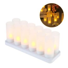 Bougies chauffe-plat sans flamme vacillantes à LED rechargeables avec tasses givrées Base de charge Lumière jaune 4 6 12pcs / ensemble Y200531279T
