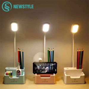 Oplaadbare Led Tafellamp Met Ventilator Touch Dimbare Bureaulamp Oogbescherming Leeslamp Voor Kid Met Telefoon Hoder Pen houder H220423