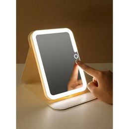 Oplaadbare Tri Color Light Led Makeup Mirror met licht vierkant lederen draagbaar vouwbaar reislicht compenserende spiegel