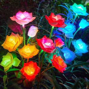 Rechoo décoratif extérieur, 3 lumières de paquet avec 15 fleurs de rose, décoration de jardin solaire étanche à LED multicolo
