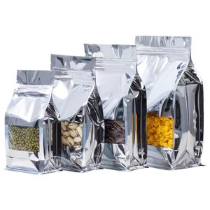 Bolsas de embalaje de ventana ZipLock laminadas de papel de aluminio resellable, bolsa de almacenamiento de polvo para aperitivos, granos de té y café de fondo plano