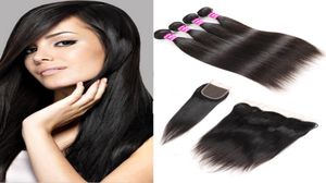 Recommander les vendeurs de cheveux vierges malaisiens paquets de tissage de cheveux humains droits avec fermeture à lacets extension de cheveux brésiliens frontaux 9140316