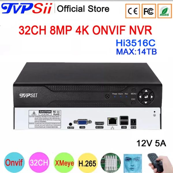 Enregistreur 12V 5A HI3536C XMEYE SURVEILLANCE VIDÉO Recordier Détection du visage H.265 + 8MP 4K 32CH 32 CANSE MAX 14TB ONVIF CCTV NVR DVR Système