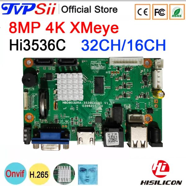 Registrador DC12V HI3536C MAX 14TB XMEYE AUDIO H.265+ 8MP 4K 32CH 16CH 16 CANAL Detección de cara ONVIF CCTV DVR NVR Motherboard