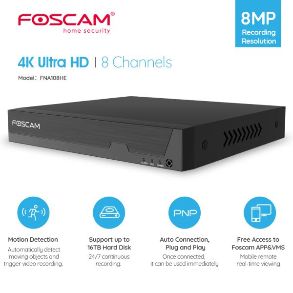 Recorder foscam 4K 8 canal 8mp Red de video Registrador para el sistema de cámara de seguridad Solo funciona con 4K/5MP/4MP HD Foscam IP Cámaras Poe NVR