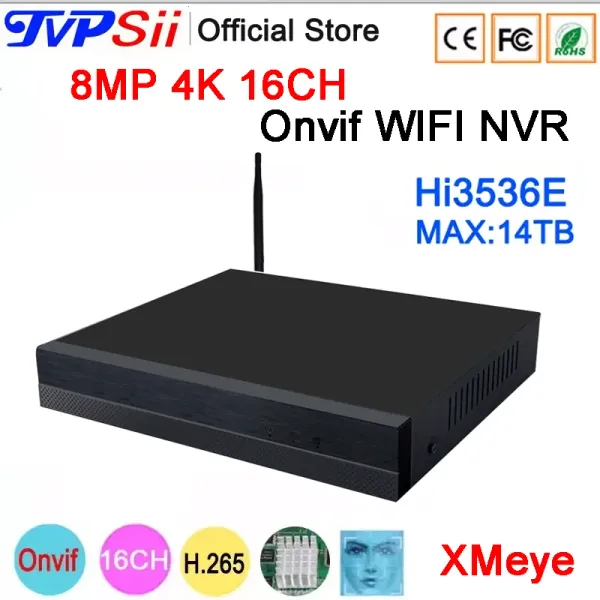 Registrador HI3536E XMEYE AUIDO H.265+ 8MP 4K 16CH 16 CANAL Detección de cara ONVIF WiFi CCTV DVR NVR Vigilancia Registradora de video