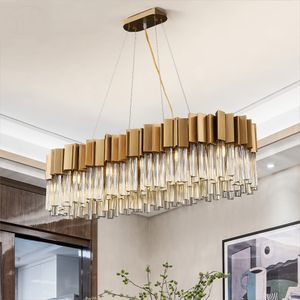 Rechthoek Crystal Kroonluchter Luxe Moderne Gouden Design LED Indoor Hanging Lighting voor Eiland Keuken Eetkamer Woonkamer