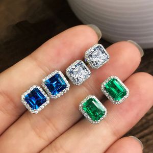 Boucles d'oreilles rectangulaires en diamant et Zircon cubique pour femmes, bijoux fins à la mode, bleu vert