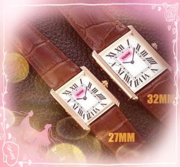 Forma rectangular Números romanos Relojes con esfera de tanque Reloj de movimiento de cuarzo para mujer para hombre de lujo Caja de plata en oro rosa Parejas Reloj de pulsera con hebilla de cuero genuino Regalos